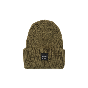 RIBBED KNIT LOGO PATCH BEANIE - OLIVE